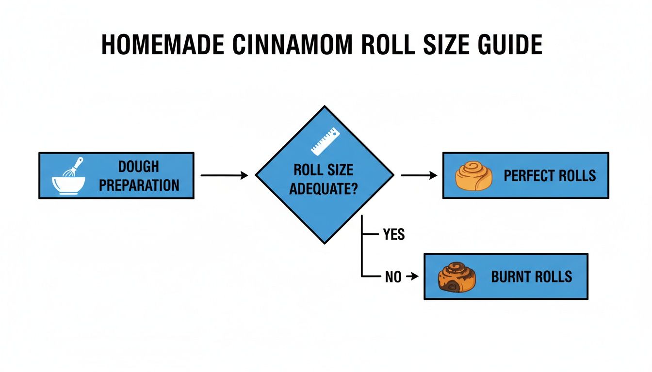 A flowchart guide for homemade cinnamon roll size, showing dough preparation, roll size adequacy, perfect rolls, or burnt rolls.