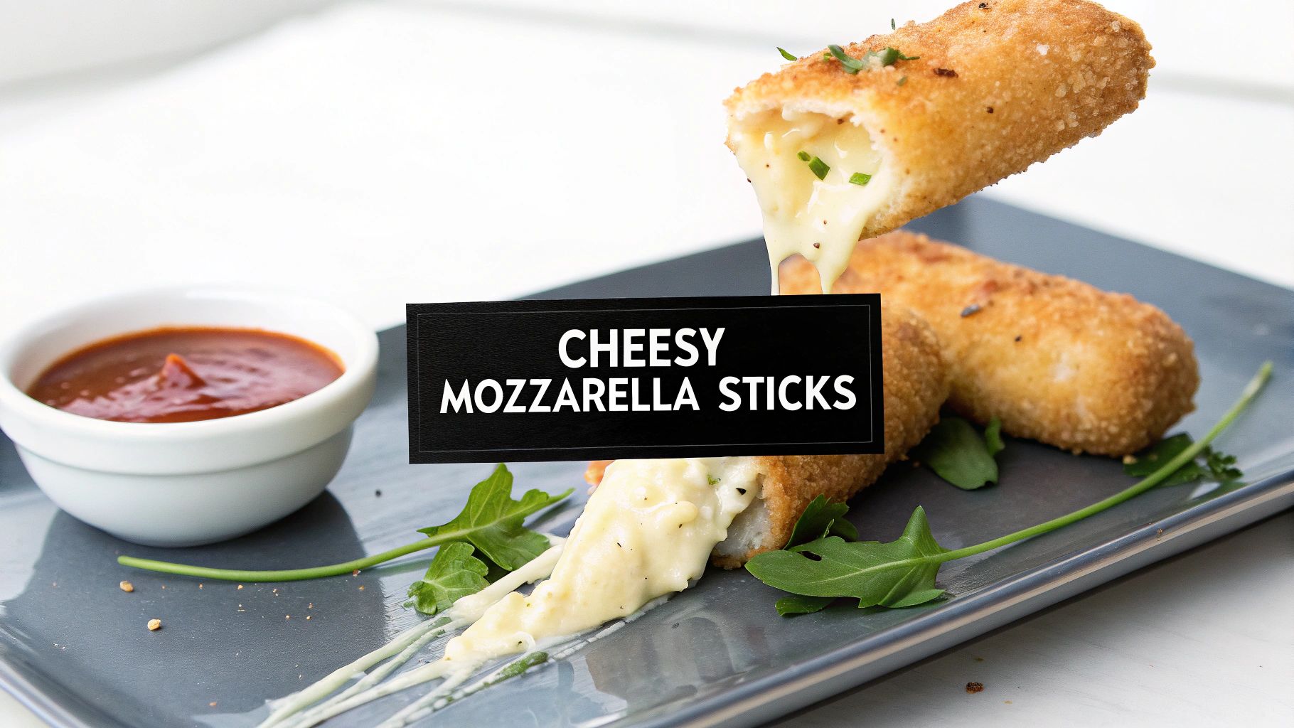 Close-up of golden-fried cheesy mozzarella sticks with gooey melted cheese and a side of red dipping sauce.
