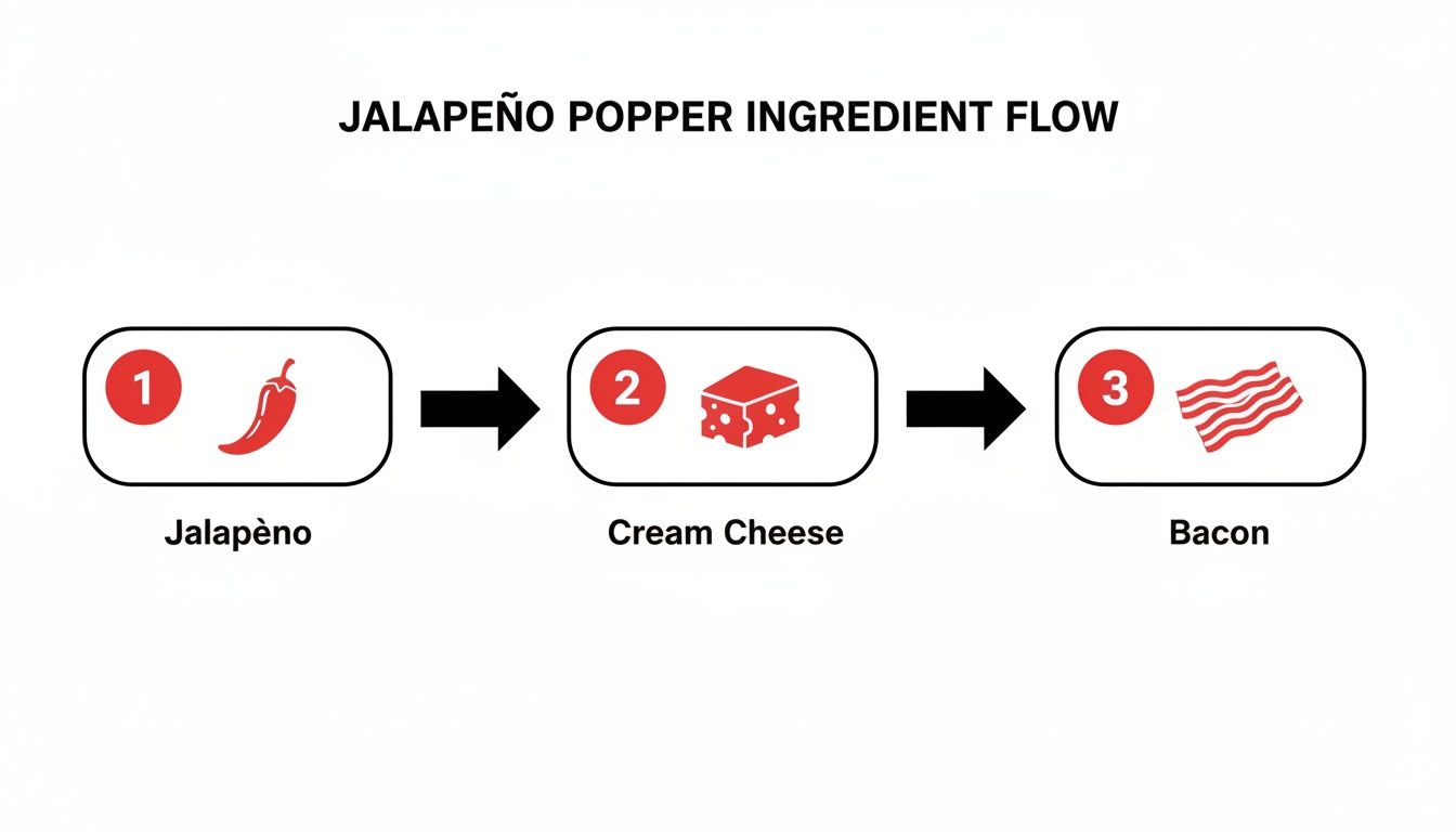 A diagram illustrating the sequential ingredients for making jalapeño poppers: jalapeño, cream cheese, and bacon.