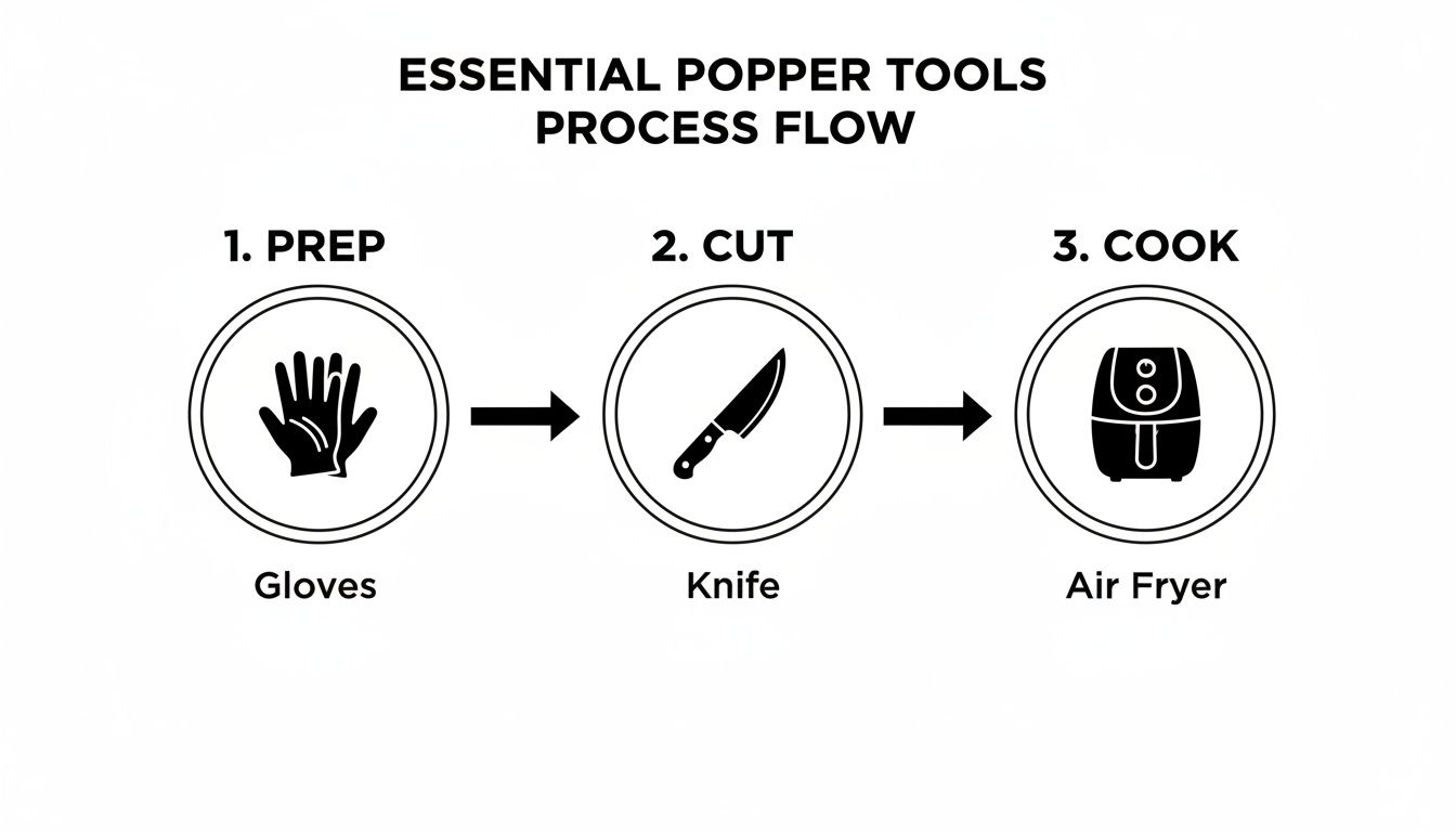 Process flow diagram showing essential tools for making poppers: gloves for prep, knife for cutting, and an air fryer for cooking.