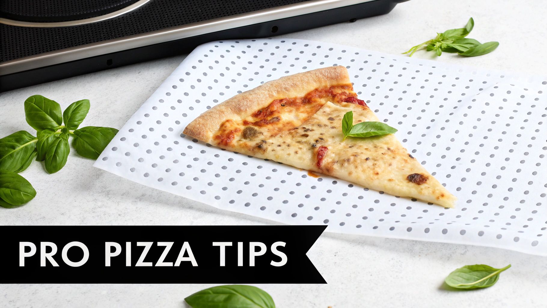 A delicious slice of pizza garnished with basil leaves resting on polka dot paper, with a 'PRO PIZZA TIPS' banner.