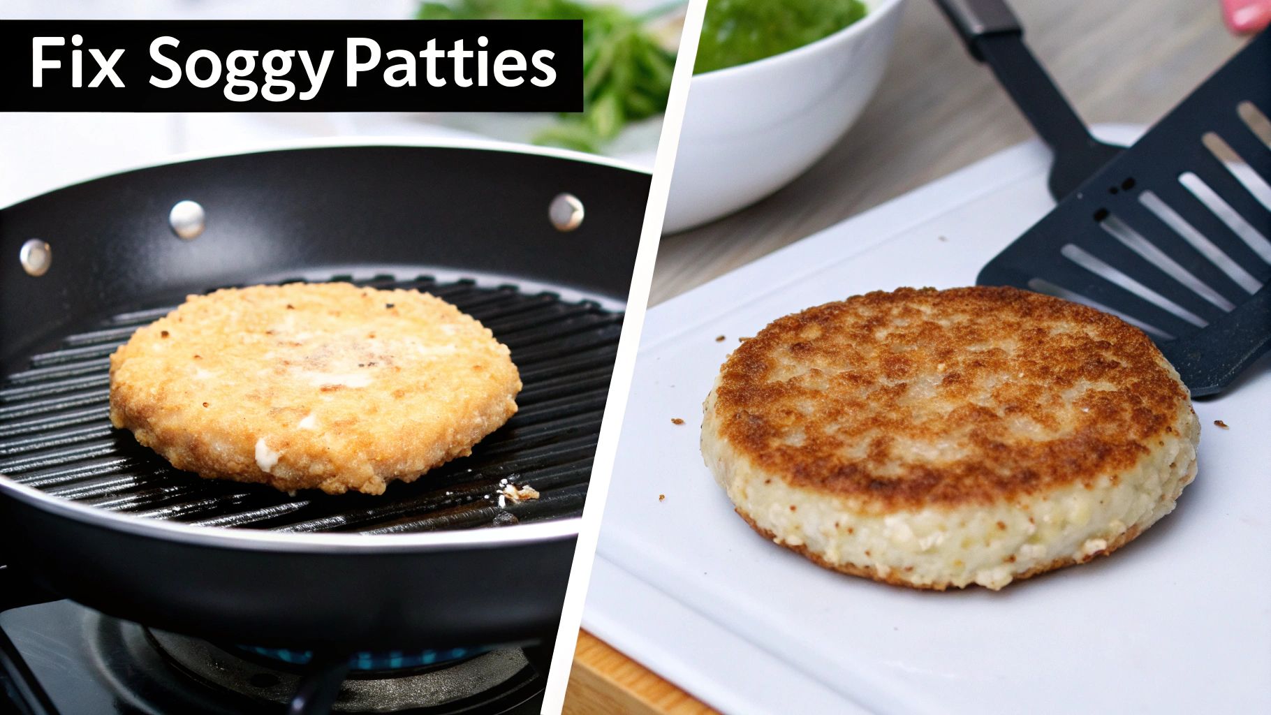 Two golden-brown patties, one cooking in a grill pan and another on a board, showcasing how to fix soggy patties.