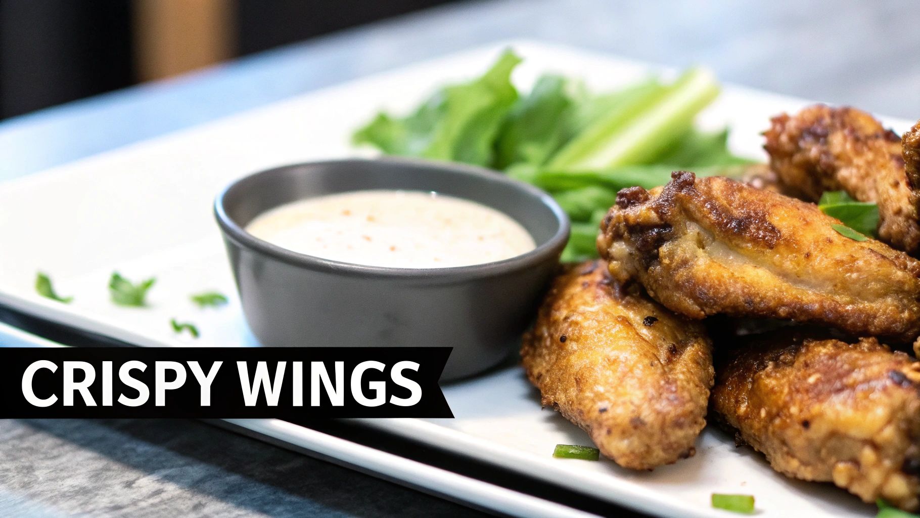 A close-up of golden crispy chicken wings served on a white platter with a side of creamy dipping sauce and green celery.