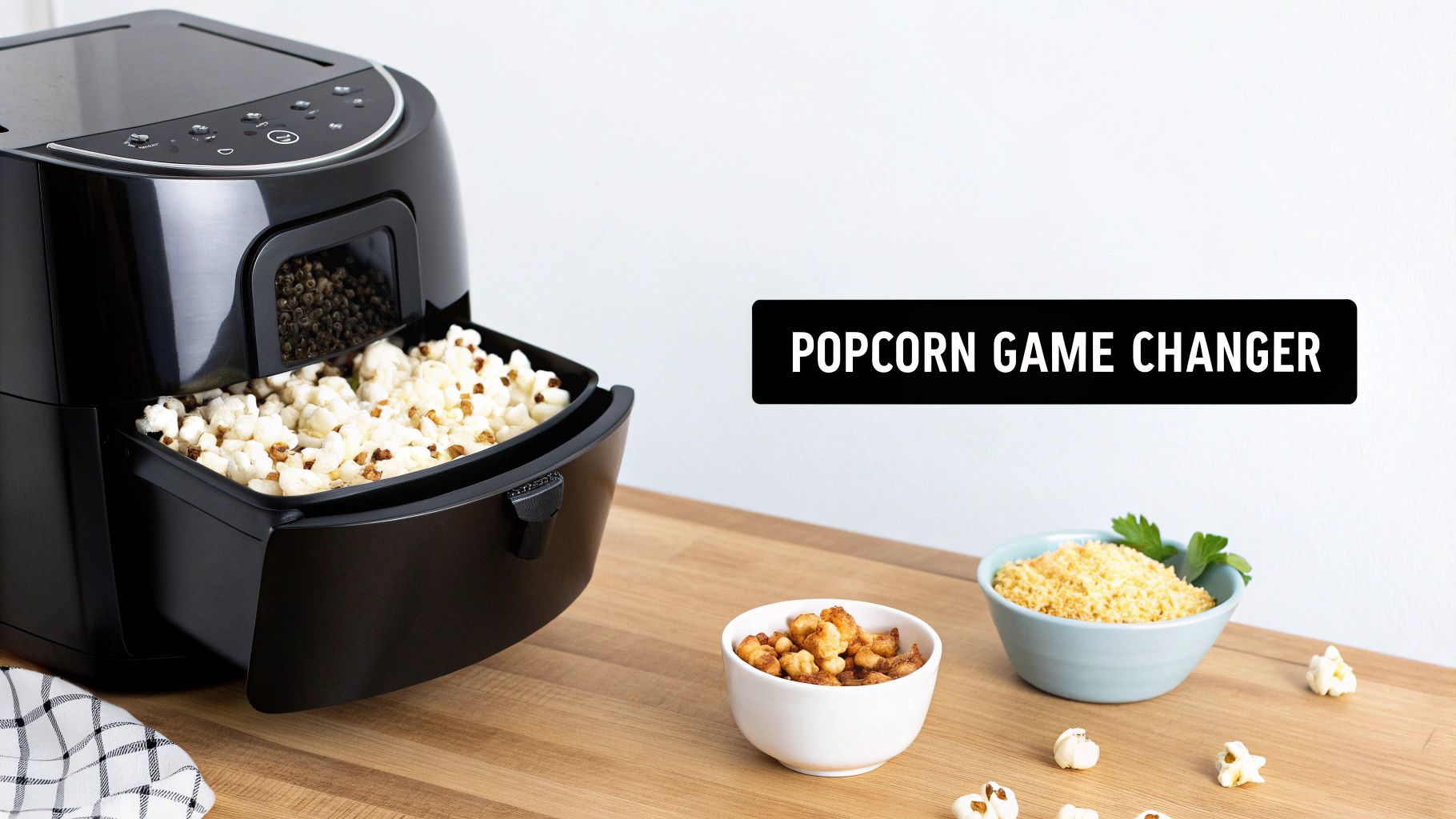 A black air fryer containing freshly popped popcorn, with unpopped kernels visible, and bowls of seasoned snacks.