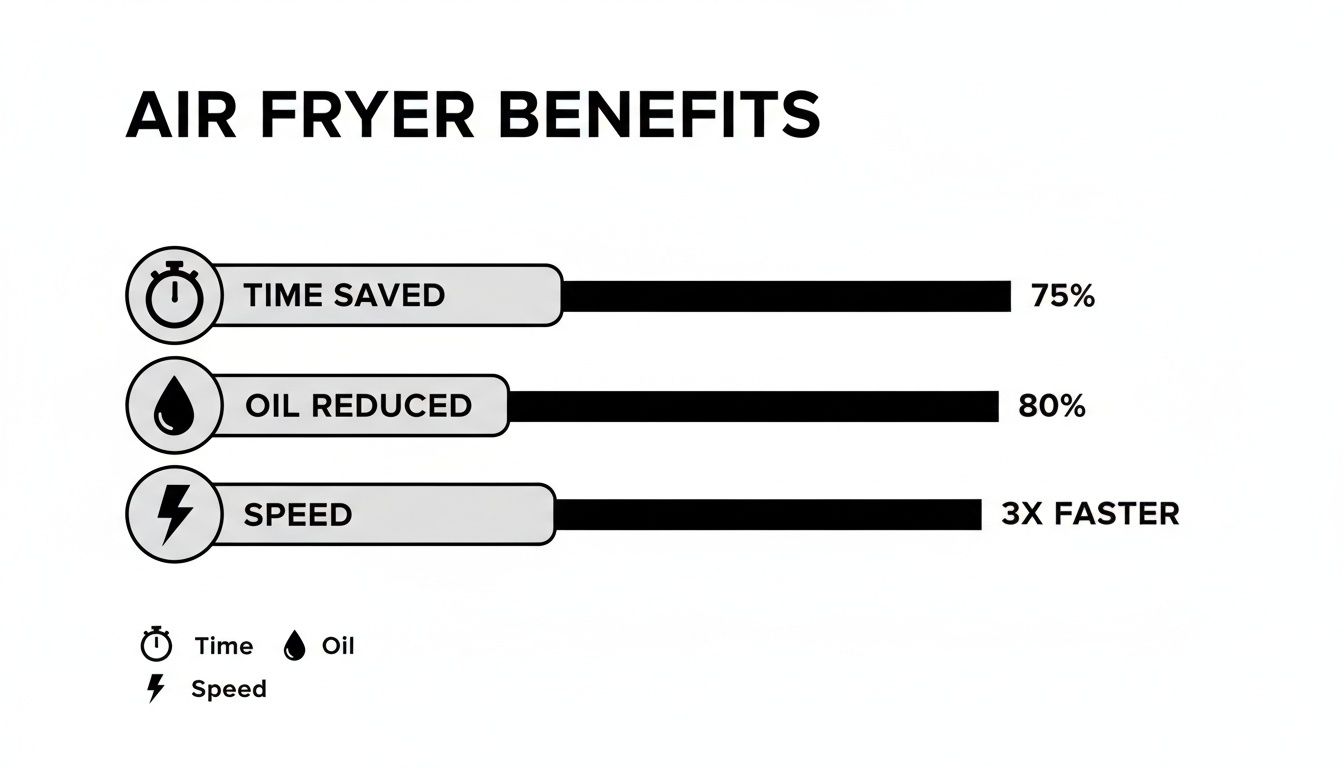 An infographic detailing air fryer benefits, including 75% time saved, 80% oil reduced, and 3x faster speed.