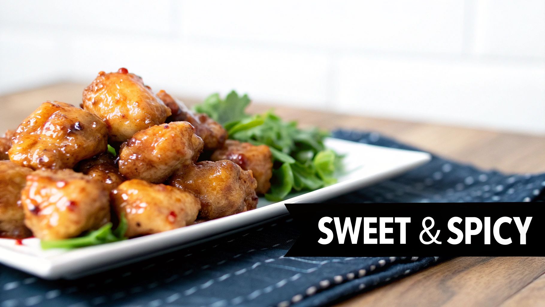 Sweet and spicy glazed chicken bites on a white plate with green garnish, ready to eat.