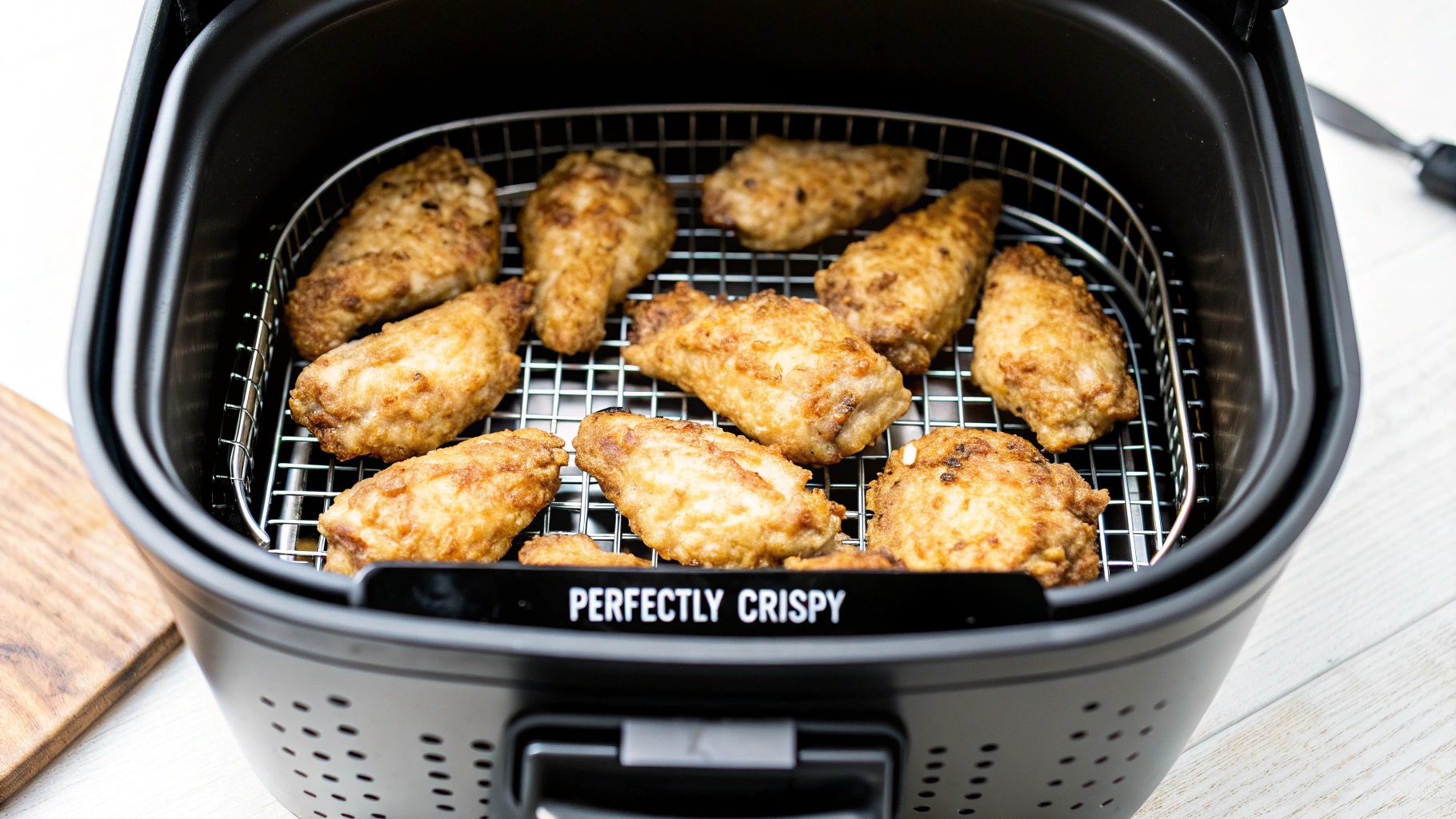 Close-up of golden crispy chicken wings perfectly cooked in a black air fryer basket.