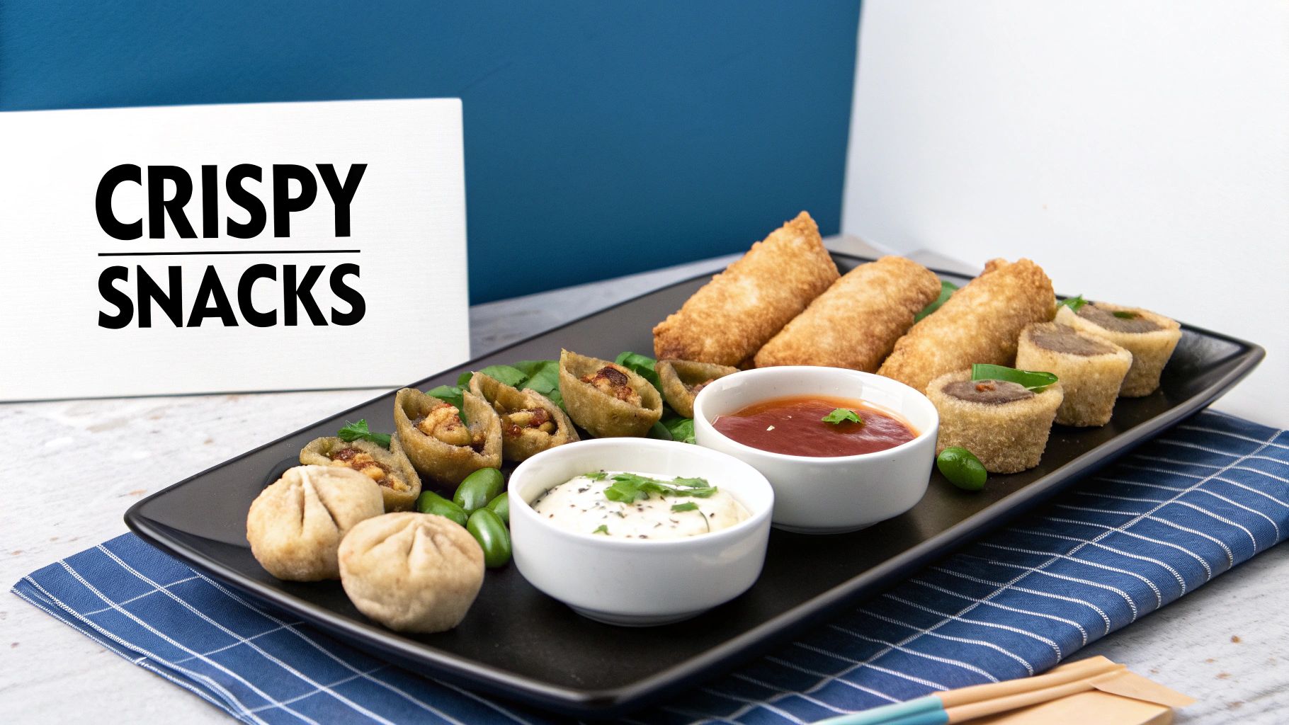 A black tray filled with assorted crispy fried snacks and dipping sauces, with a 'Crispy Snacks' sign.