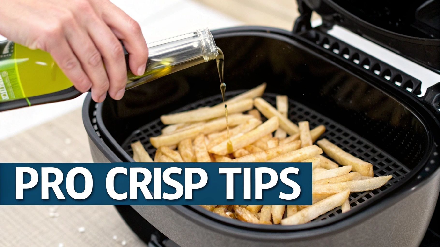 A person pours olive oil from a bottle onto french fries in an air fryer basket.