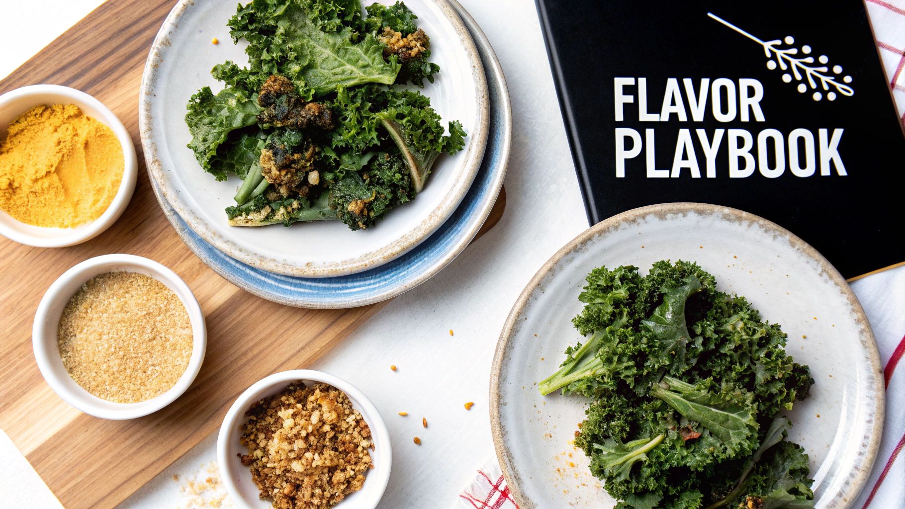 Plates of crispy air fryer kale chips, fresh kale, spices, and a 'Flavor Playbook' cookbook.