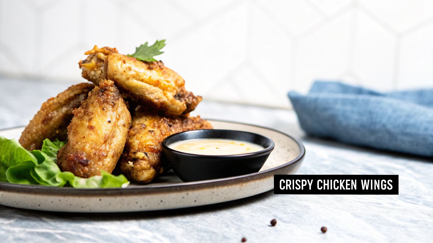 A close-up of golden crispy chicken wings served on a plate with fresh lettuce and a dipping sauce.