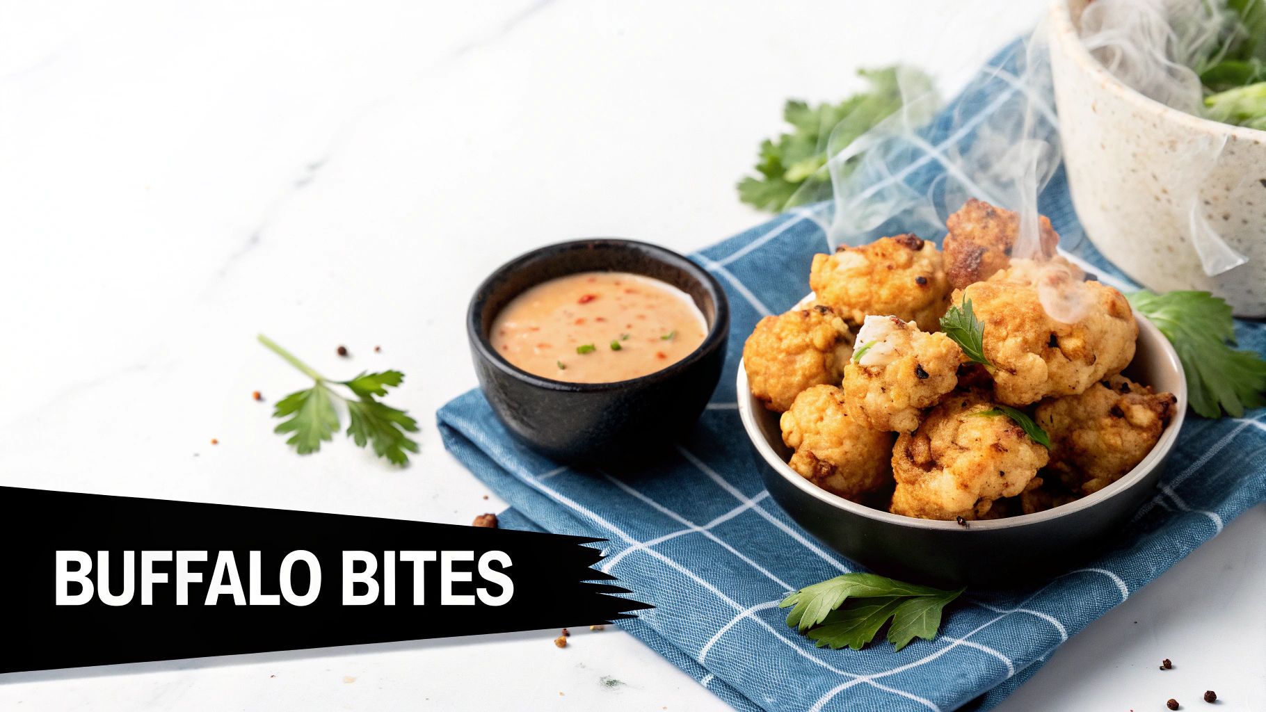 A bowl of hot, golden-brown buffalo bites with a side of creamy dipping sauce on a blue towel.