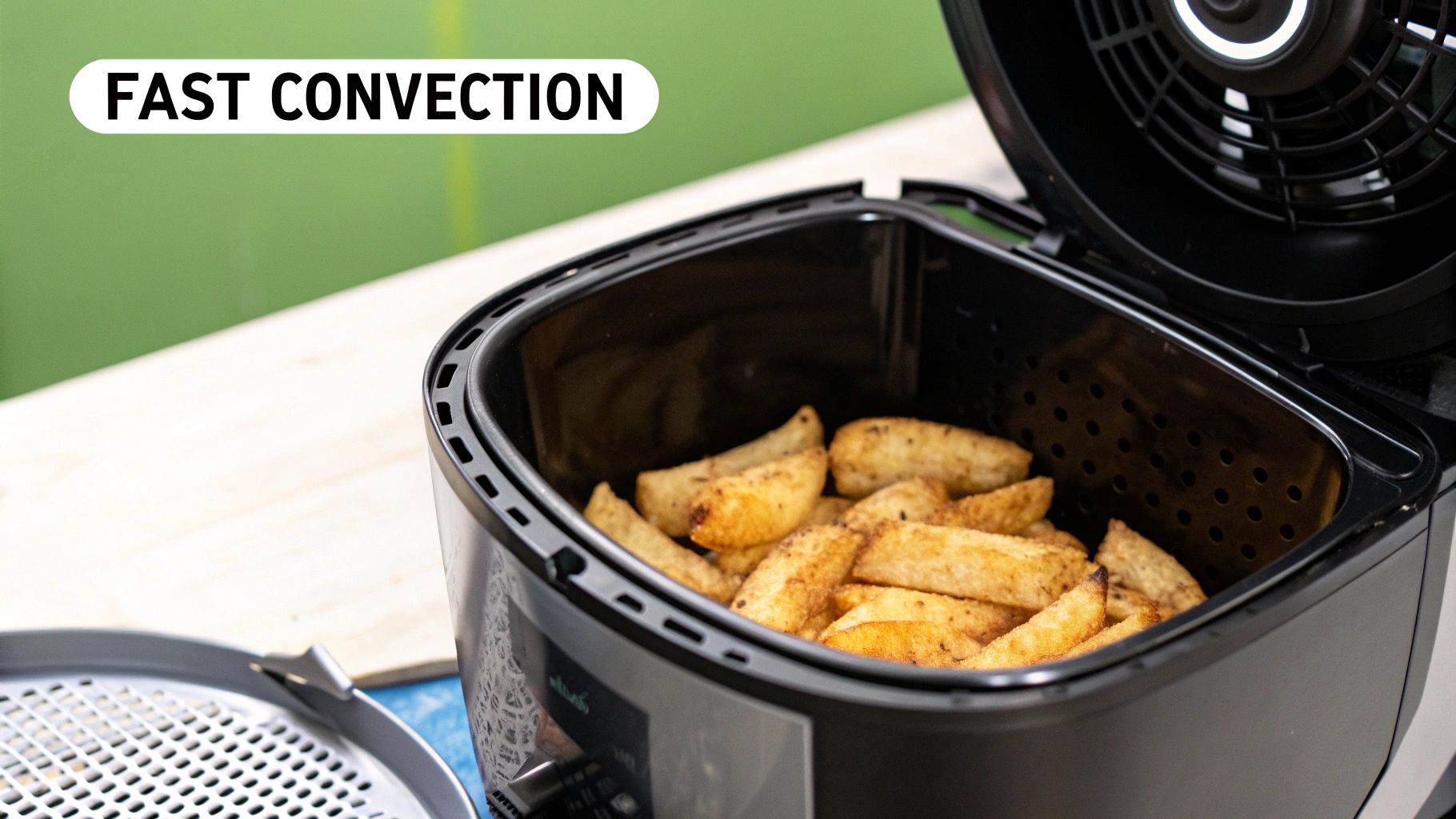 An open black air fryer filled with golden brown seasoned potato wedges, with "FAST CONVECTION" text.
