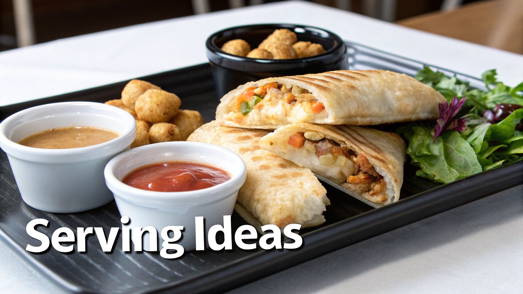 A black tray holds two cut burritos, a side salad, fried potato bites, and two dipping sauces.