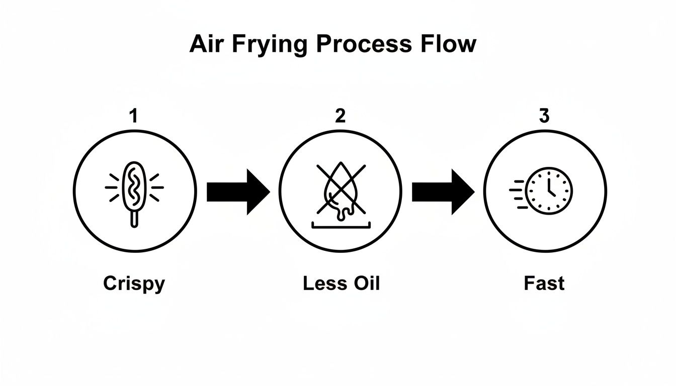 A process flow diagram showcasing the key benefits of air frying: crispy food, reduced oil use, and fast cooking.