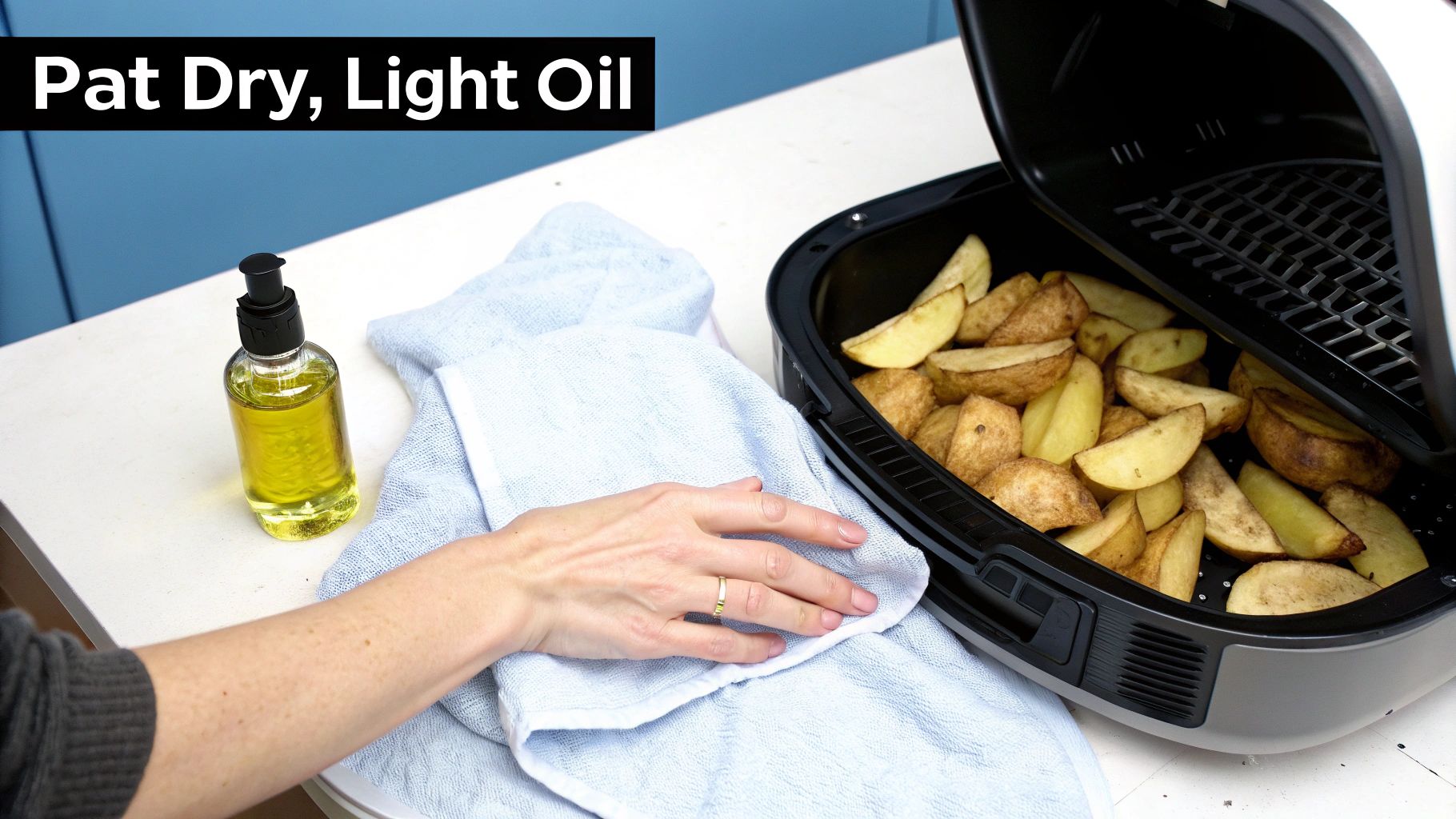 A person patting a light blue towel next to an air fryer filled with seasoned potato wedges, with oil nearby.