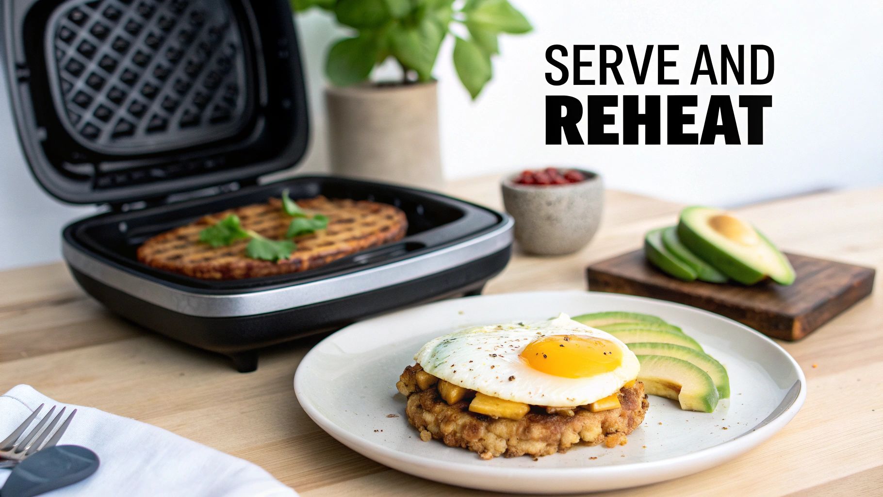 A delicious breakfast with hash browns, a fried egg, and sliced avocado, with an air fryer in the background.
