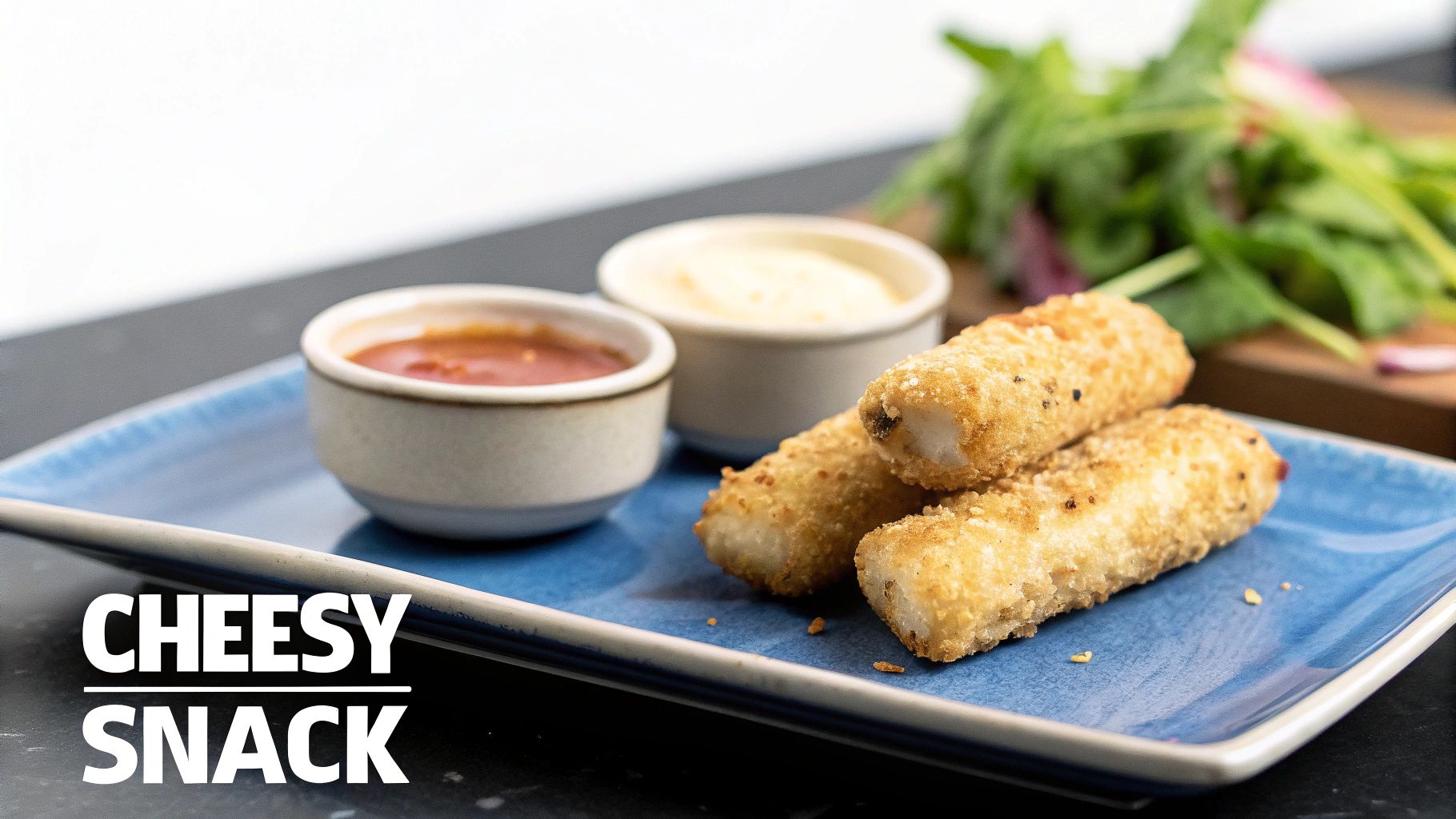 Golden fried cheese sticks on a blue plate, served with red and white dipping sauces and a fresh salad.