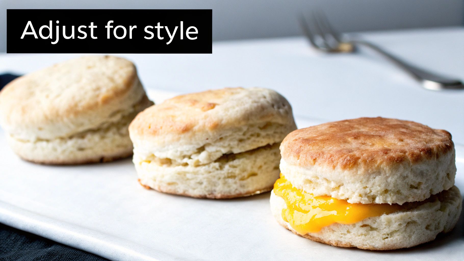 Three golden-brown biscuits on a white surface, one filled with yellow egg, perfect for breakfast.