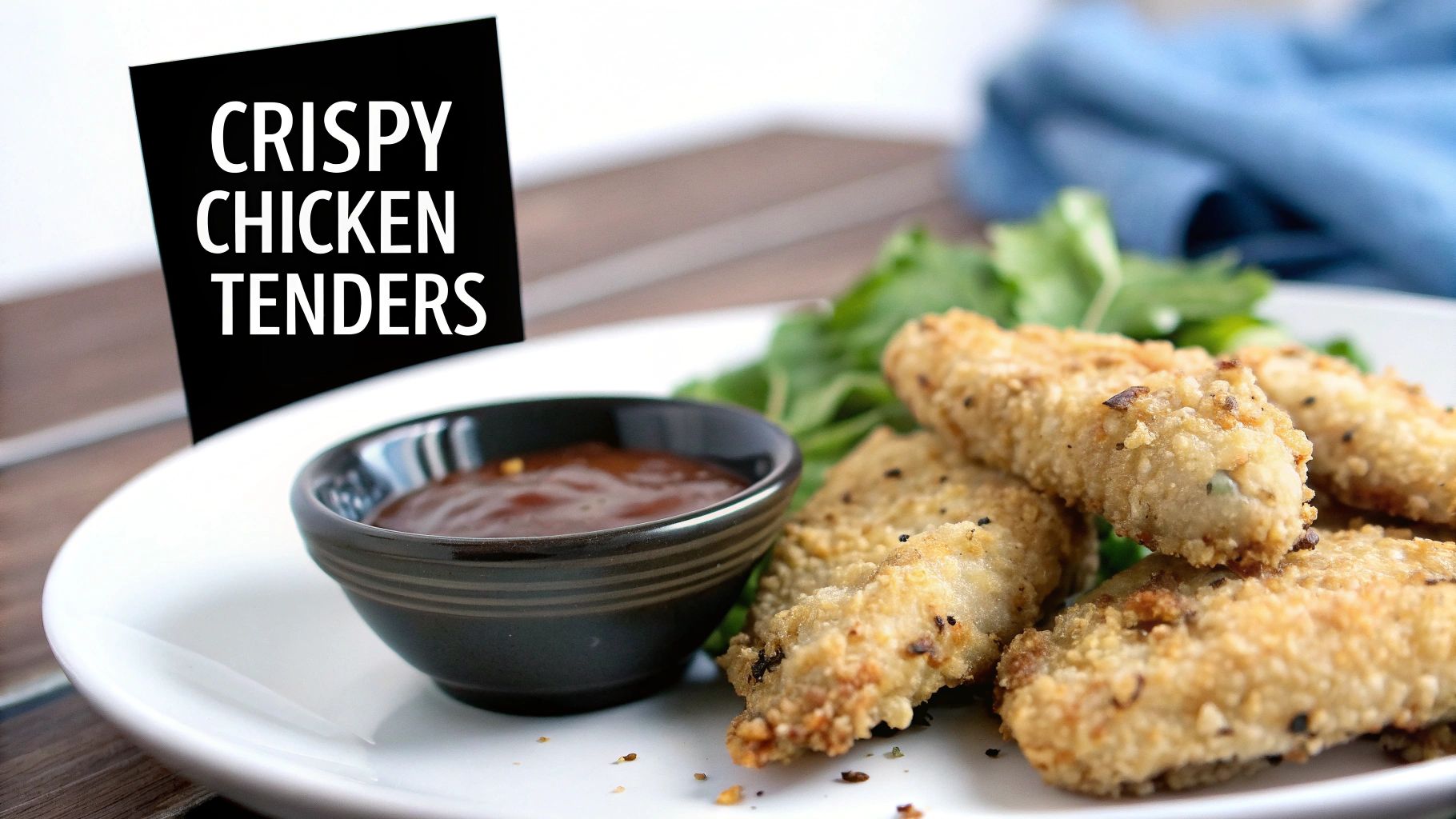 A plate of crispy chicken tenders with dipping sauce and greens, featuring a 'Crispy Chicken Tenders' sign.