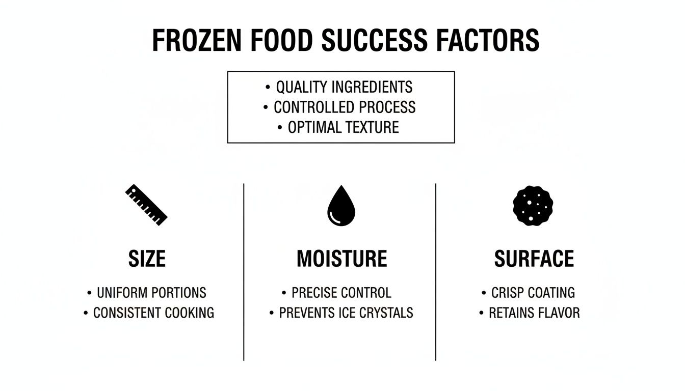 An infographic detailing frozen food success factors: quality ingredients, controlled process, optimal texture, size, moisture, and surface.