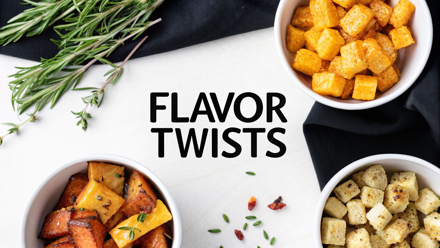 Overhead shot of three bowls filled with seasoned, crispy air-fried butternut squash cubes, surrounded by fresh herbs and spices, with the text 'FLAVOR TWISTS'.