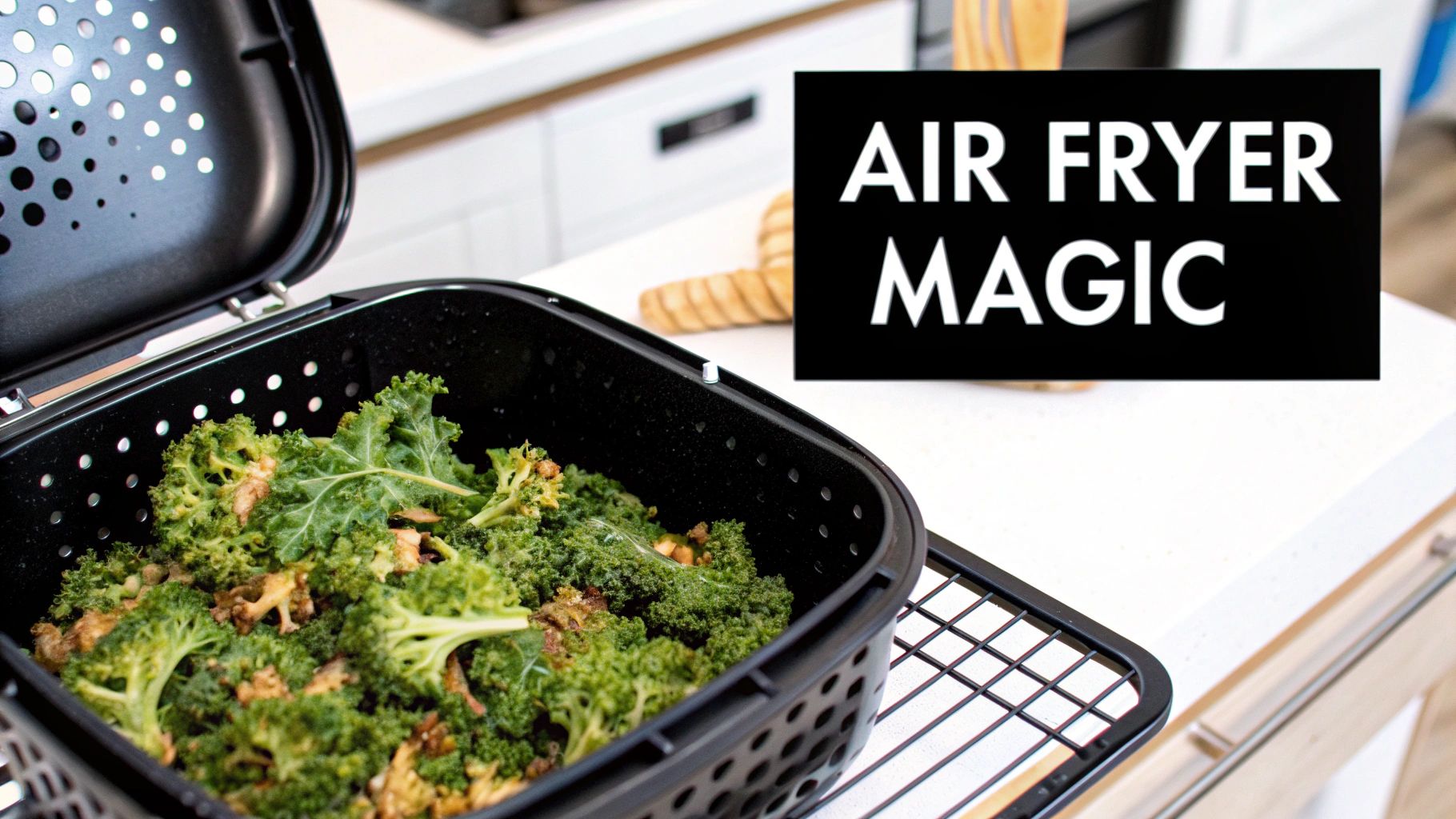 An open air fryer basket filled with crispy kale and broccoli chips on a kitchen counter.
