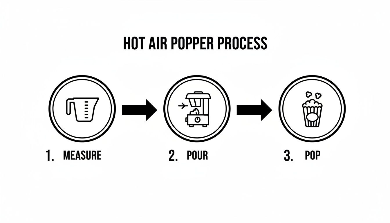 Three-step process diagram: 1. Measure popcorn kernels. 2. Pour into hot air popper. 3. Popcorn produced.