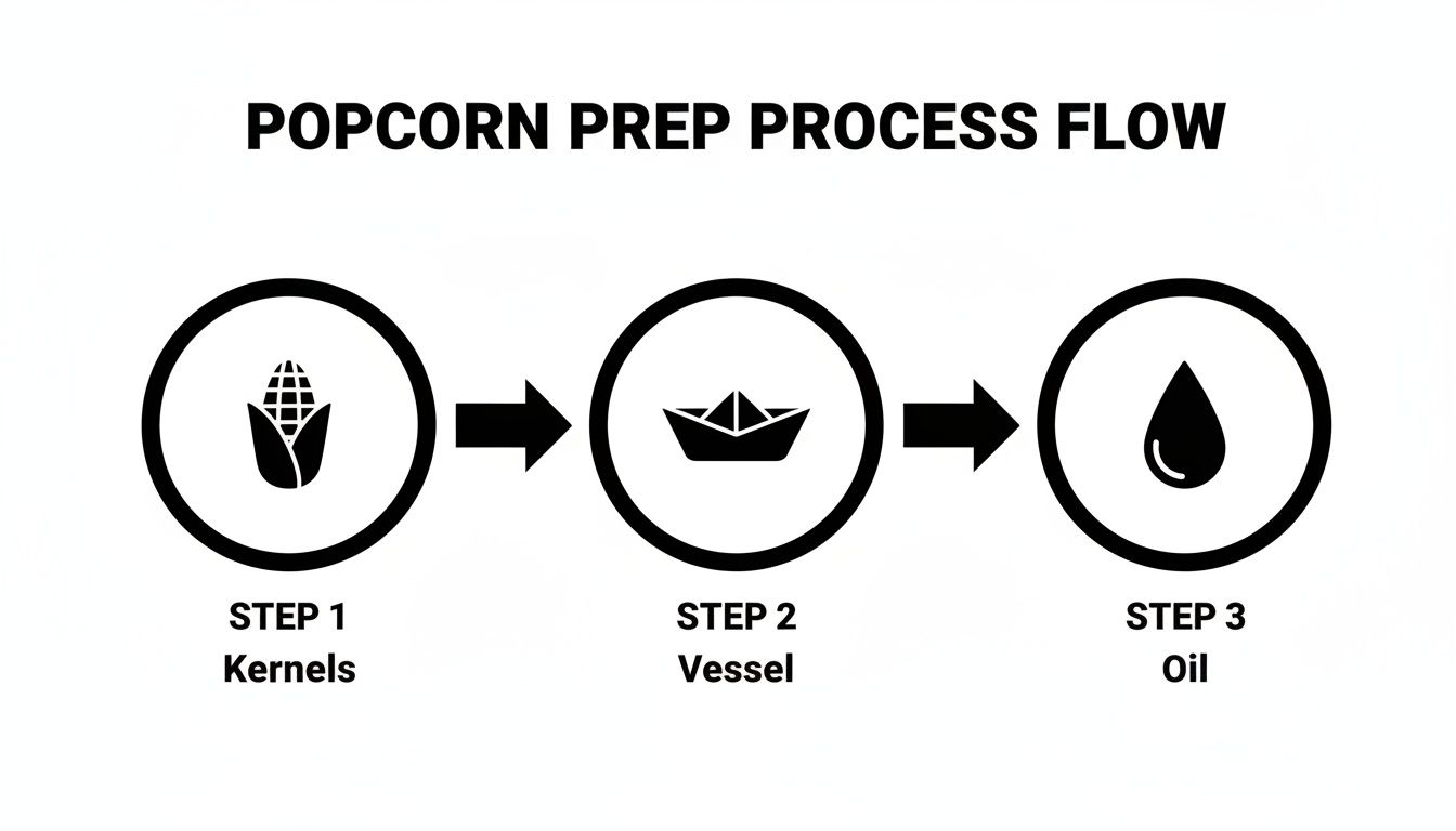 A clear process flow illustrating the three steps for popcorn preparation: kernels, vessel, and oil.