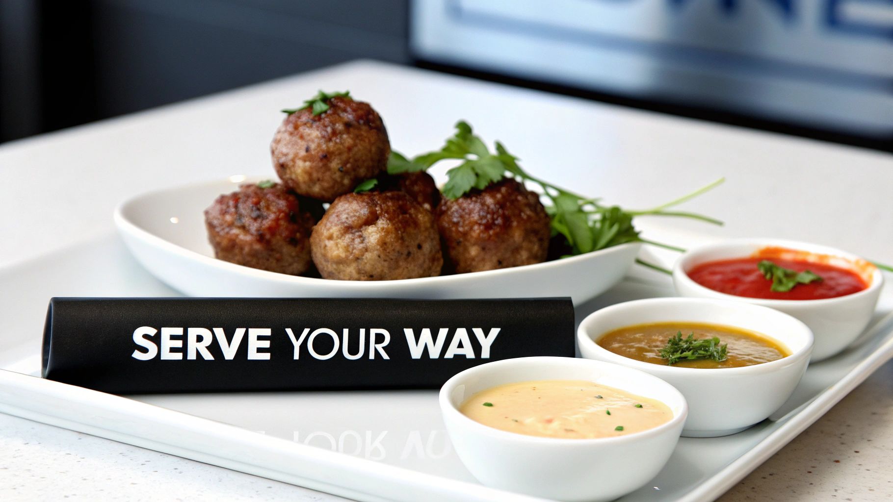 Cooked meatballs with fresh herbs served alongside three colorful dipping sauces on white plates