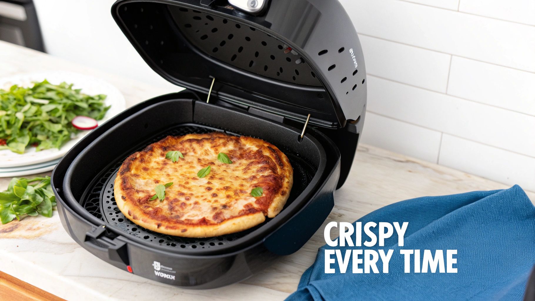 A golden-brown crispy mini pizza, topped with melted cheese and basil, cooking in an open black air fryer.