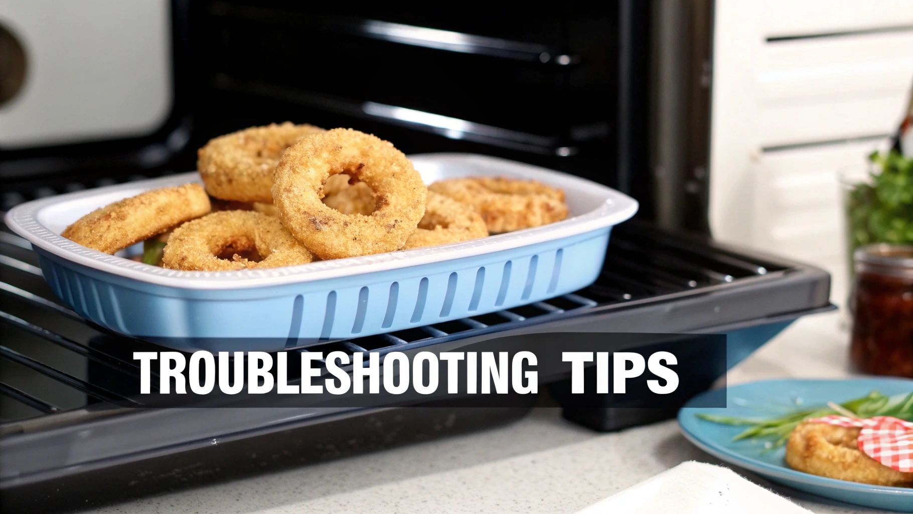 Crispy golden-brown onion rings cooking in a blue air fryer basket with "TROUBLESHOOTING TIPS" text overlay.