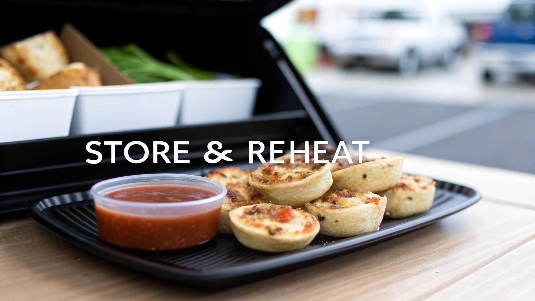 Stuffed potato skins with dipping sauce on black tray with store and reheat text overlay