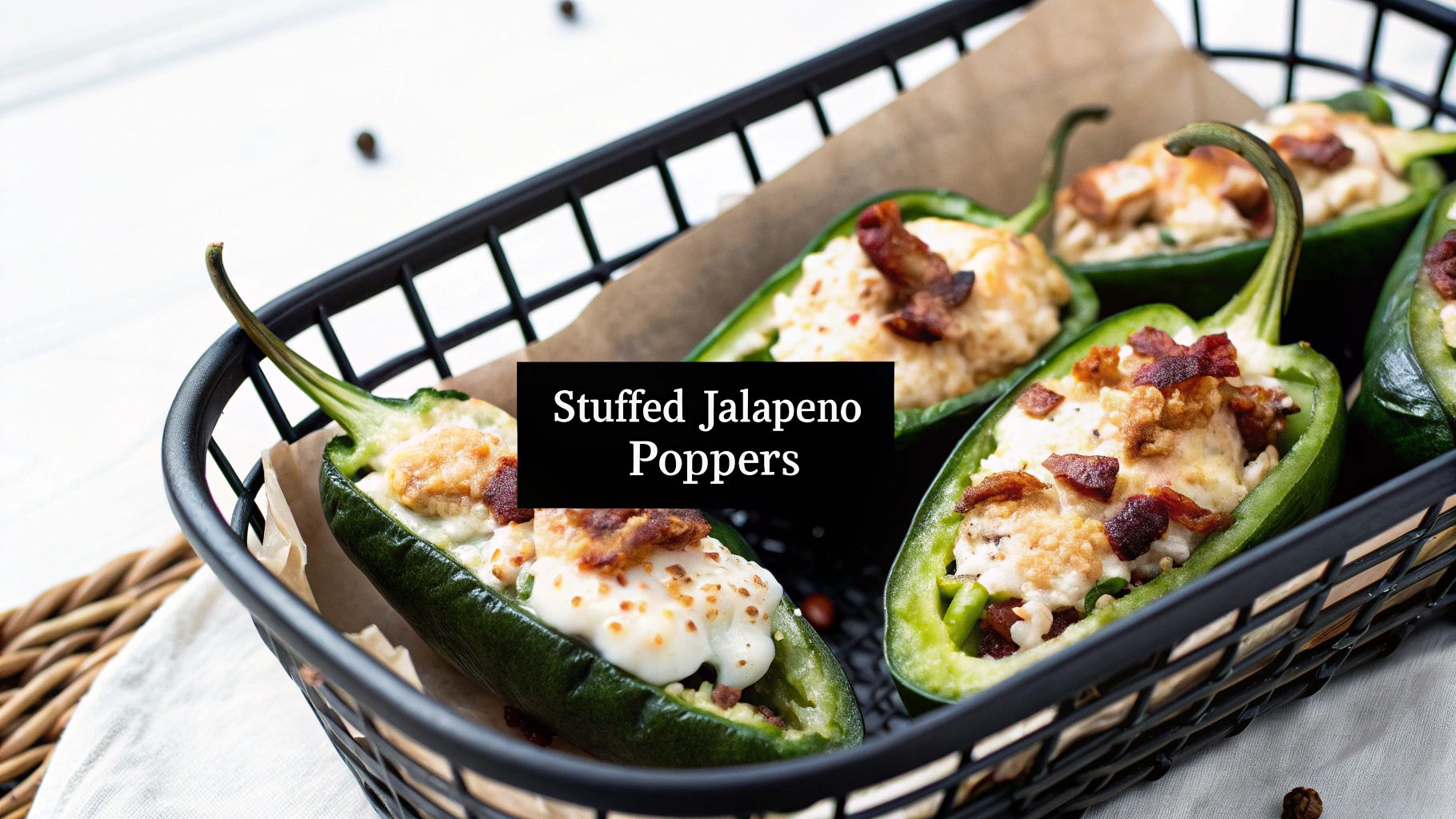 A black basket filled with green, bacon-topped stuffed jalapeno poppers on parchment paper.