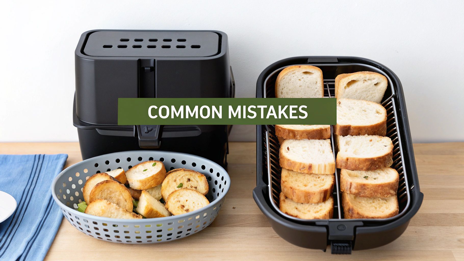 Two air fryers on a wooden counter, one with toasted bread and the other with raw bread slices, labeled 'COMMON MISTAKES'.