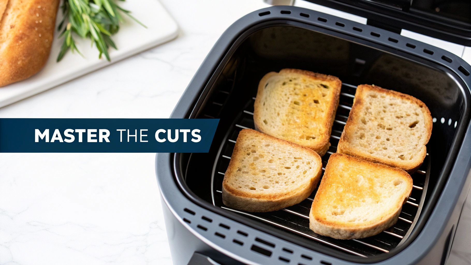 Four slices of golden toasted bread inside an air fryer, with a baguette and herbs in the background.