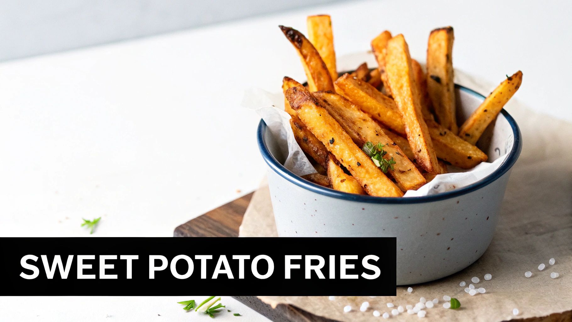 A close-up of a rustic bowl filled with golden, crispy sweet potato fries, garnished with herbs and salt.