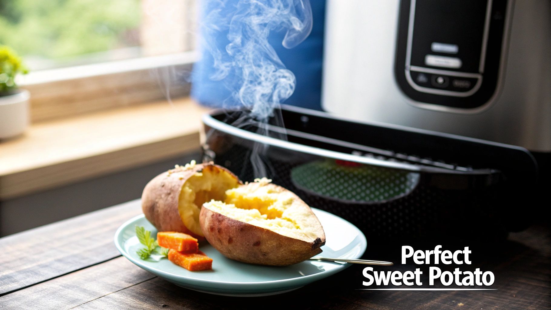 Steaming hot air fryer baked sweet potato, cut in half on a blue plate with carrots.