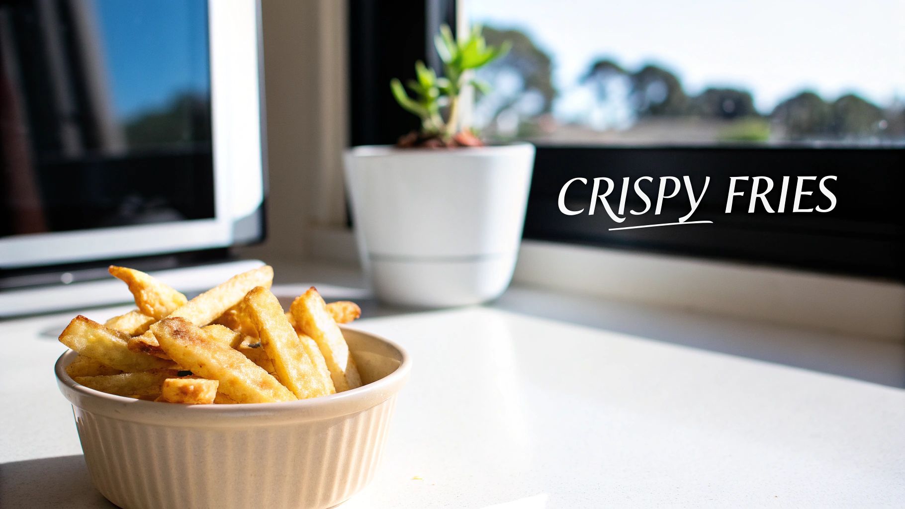 A bowl of golden, crispy fries on a bright white countertop with a blurred window background.
