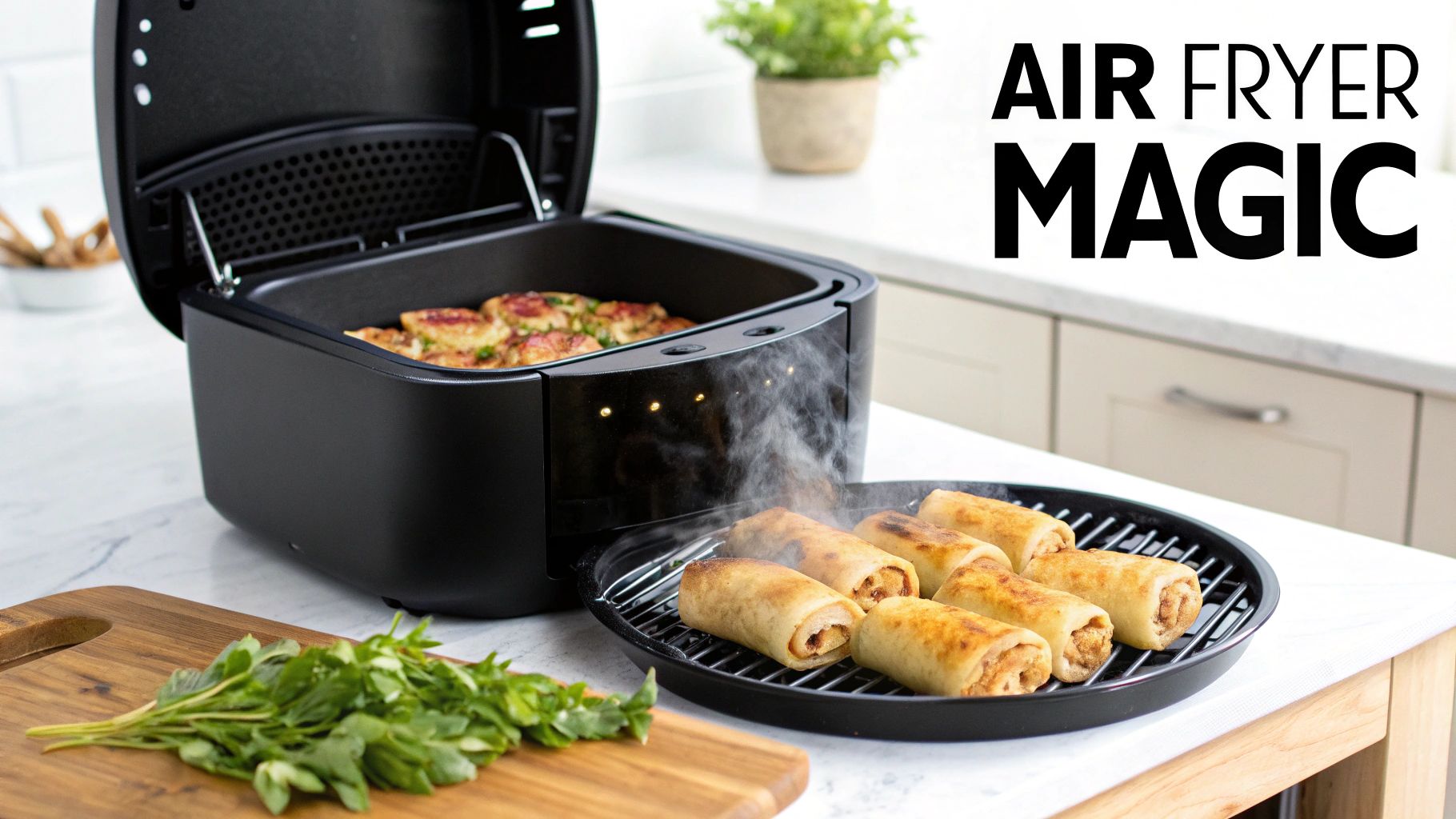 An open air fryer with food cooking, alongside steaming pizza rolls and fresh parsley on a kitchen counter.