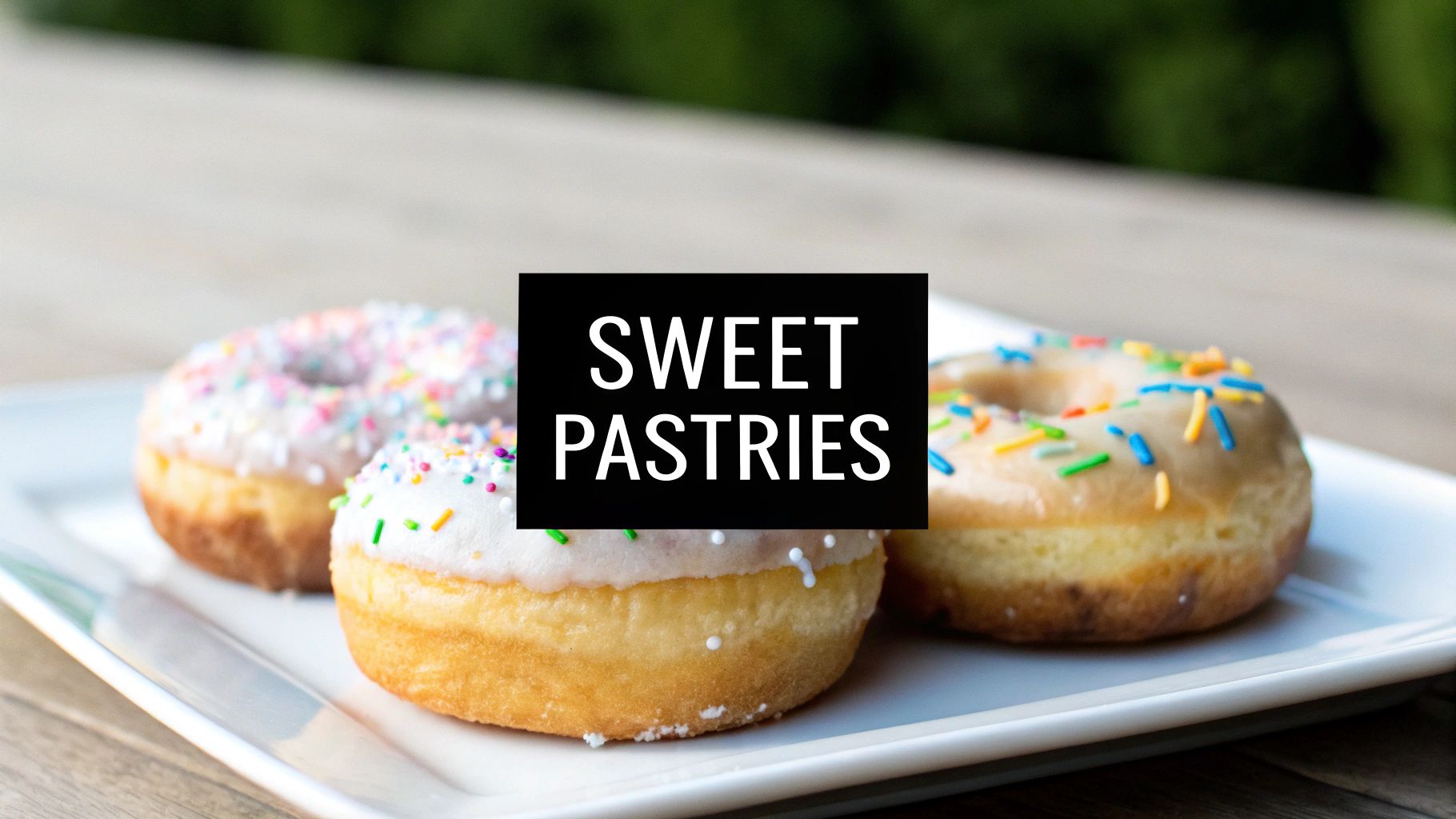 Three colorful sprinkled donuts are arranged on a white rectangular plate, showcasing delicious sweet pastries.