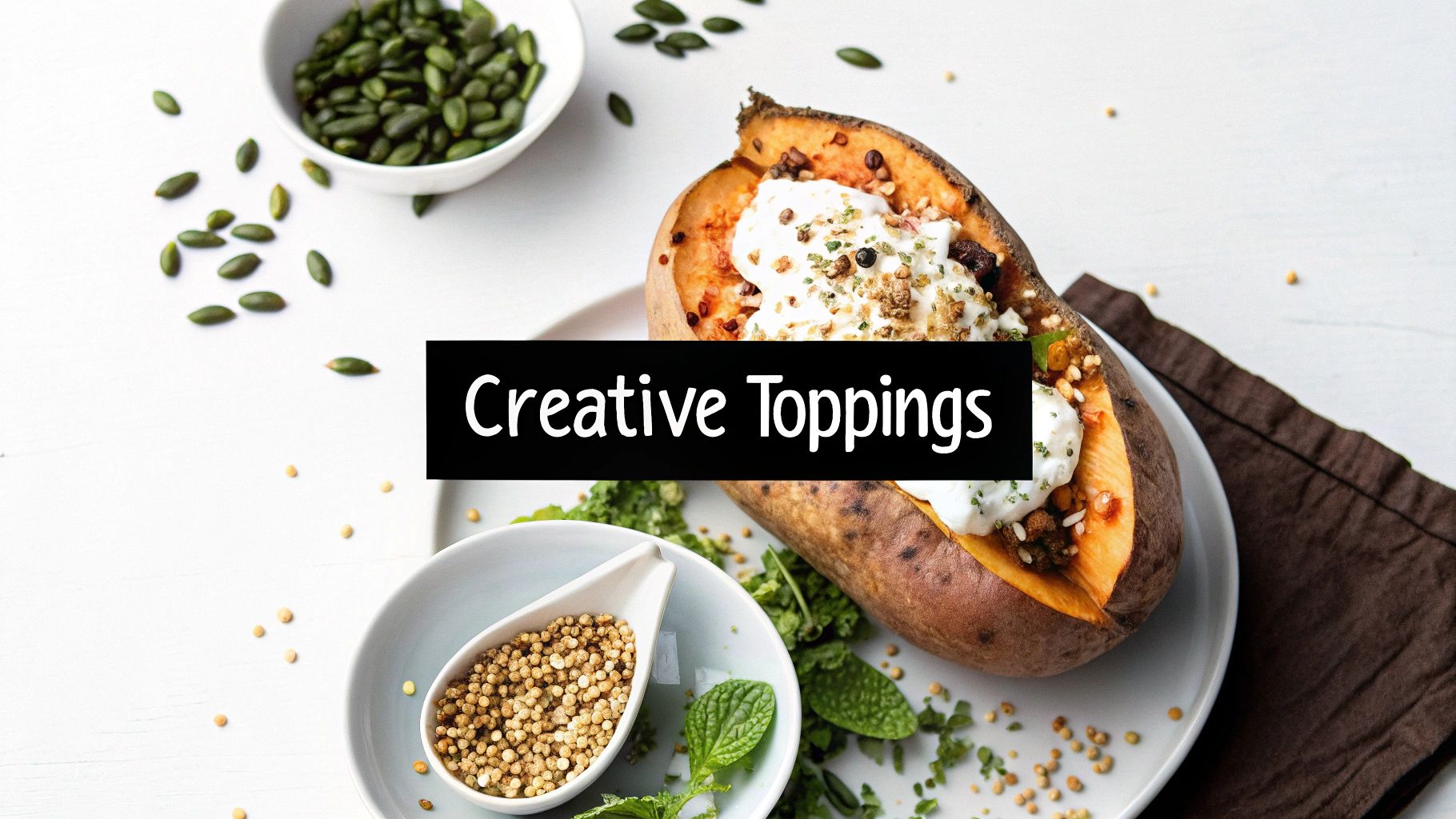A baked sweet potato with various creative toppings, surrounded by seeds and herbs.