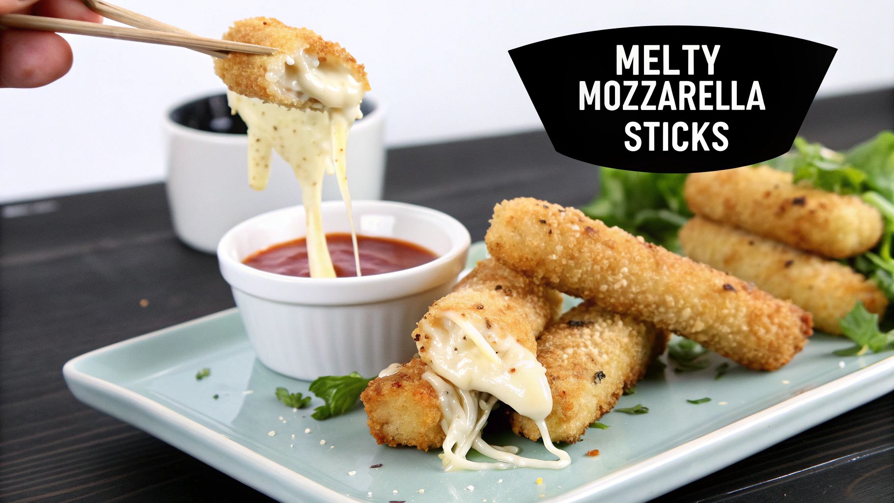 Close-up of melty mozzarella sticks with stringy cheese being dipped into red sauce on a plate.