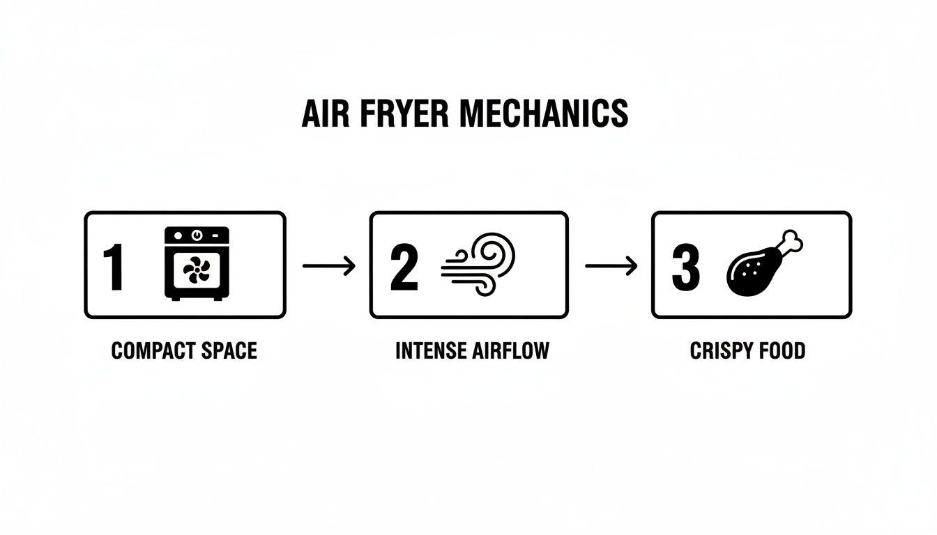 A diagram illustrating the three-step mechanics of an air fryer: compact space, intense airflow, leading to crispy food.