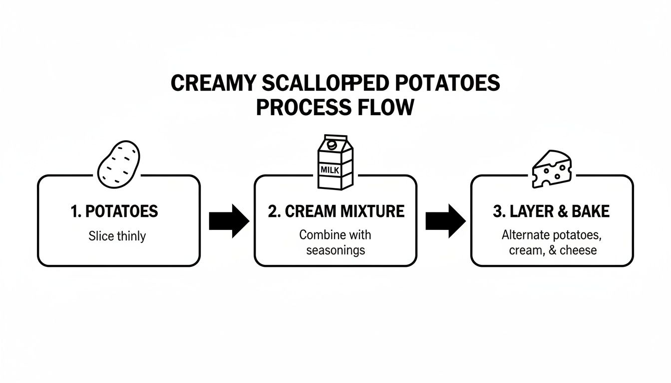 A simple process flow diagram showing three steps for making creamy scalloped potatoes.