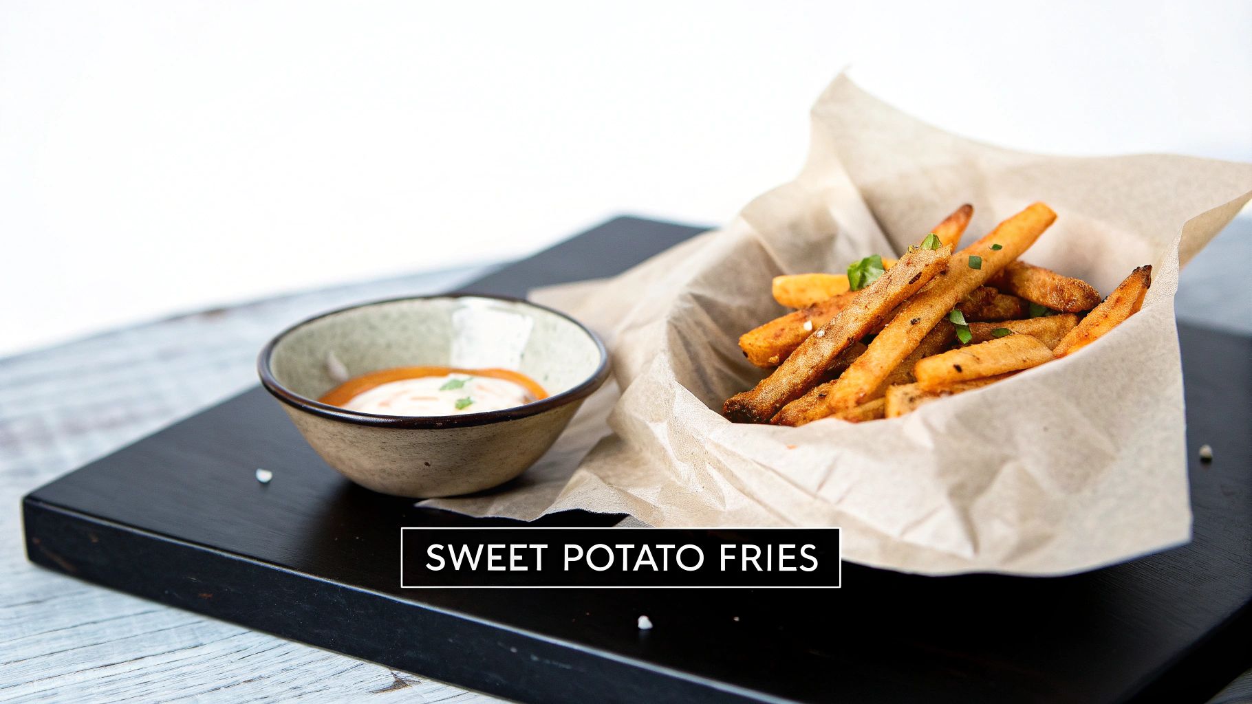 Golden sweet potato fries served in a paper-lined basket with a side of creamy dipping sauce on a dark board.