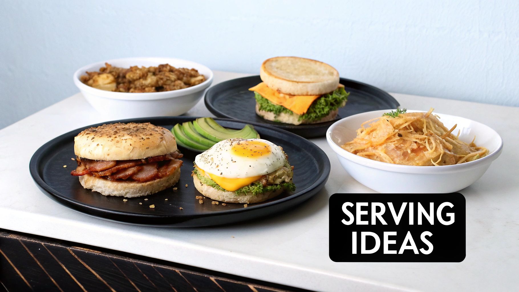 A variety of breakfast and brunch serving ideas, including sandwiches, egg, avocado, and potato dishes.
