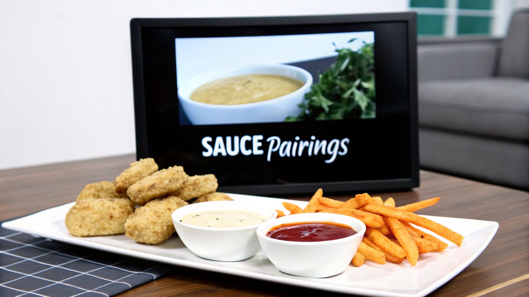 Golden chicken nuggets, crispy french fries, and two dipping sauces on a white platter. A screen shows 'SAUCE Pairings'.