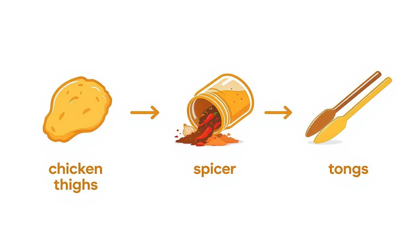 Illustration depicting chicken thighs, a jar spilling spices, and tongs, outlining a cooking process.