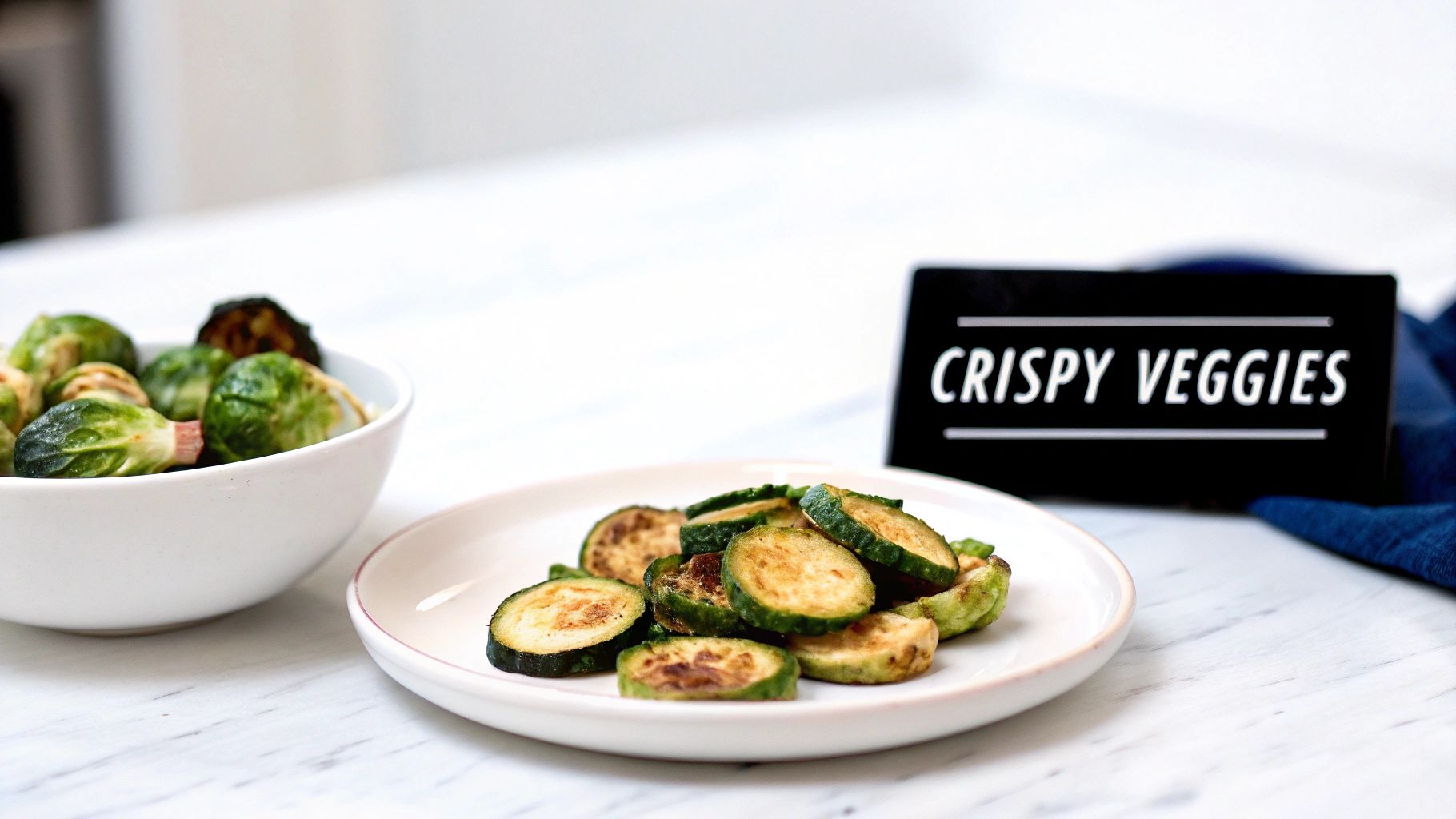 Delicious air-fried crispy vegetables, including Brussels sprouts and sliced zucchini, ready for a healthy meal.